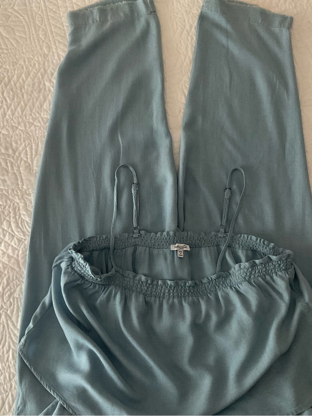 Splendid Blue Chambray Jumpsuit Spaghetti Straps Elastic Waist Sz: L NWOT - Picture 3 of 9